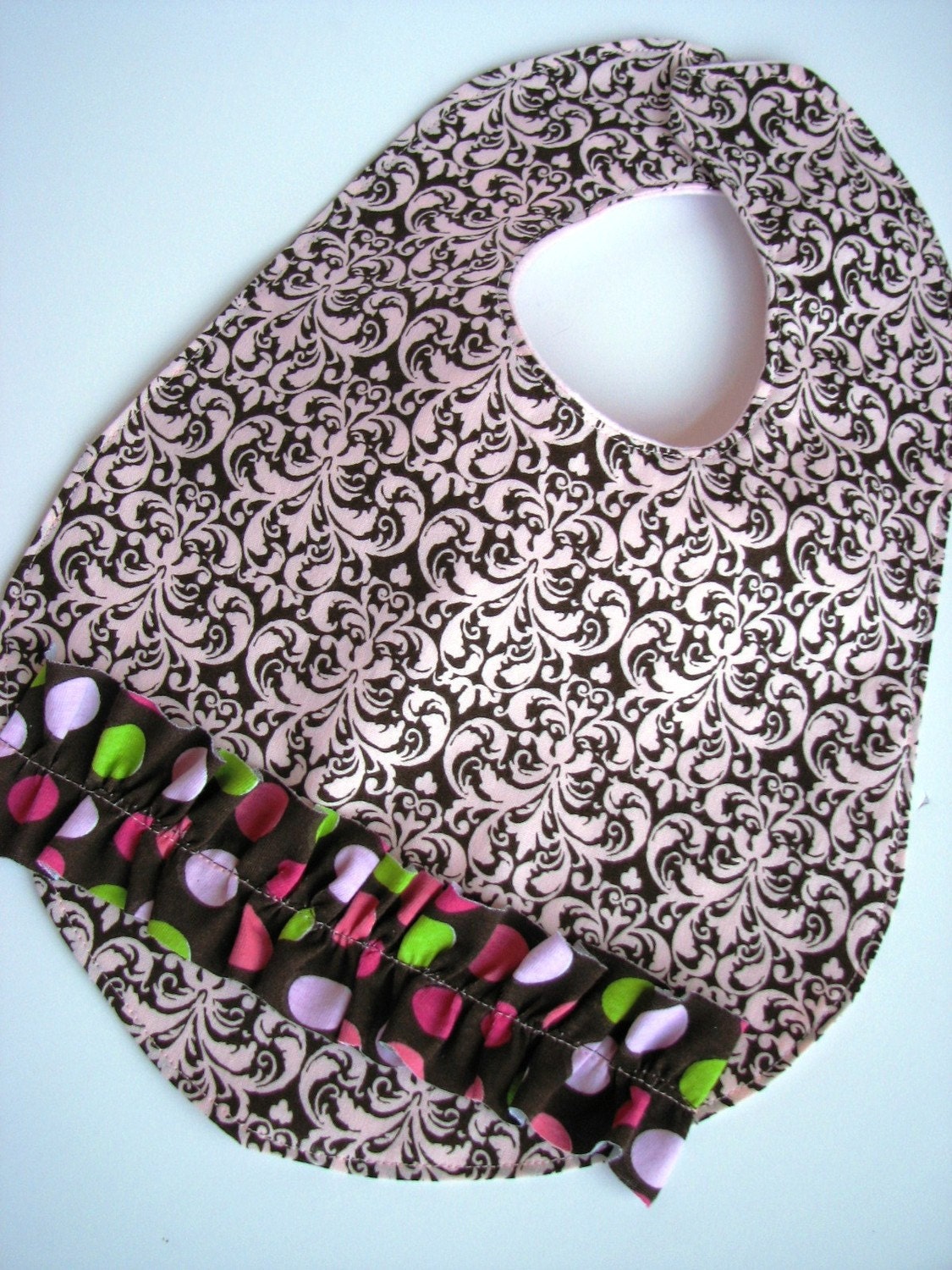 Baby Bib, with Ruffle, in Chocolate Brown and Pink Damask and Dots, Handmade Baby Girl Ruffle Bib