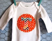 Custom Baby Bodysuit, Personalized Applique Initial, in Orange Polka Dot and Chevron, Baby Bodysuit, Long-sleeved, Size 0-3, 3-6 or 6-12m