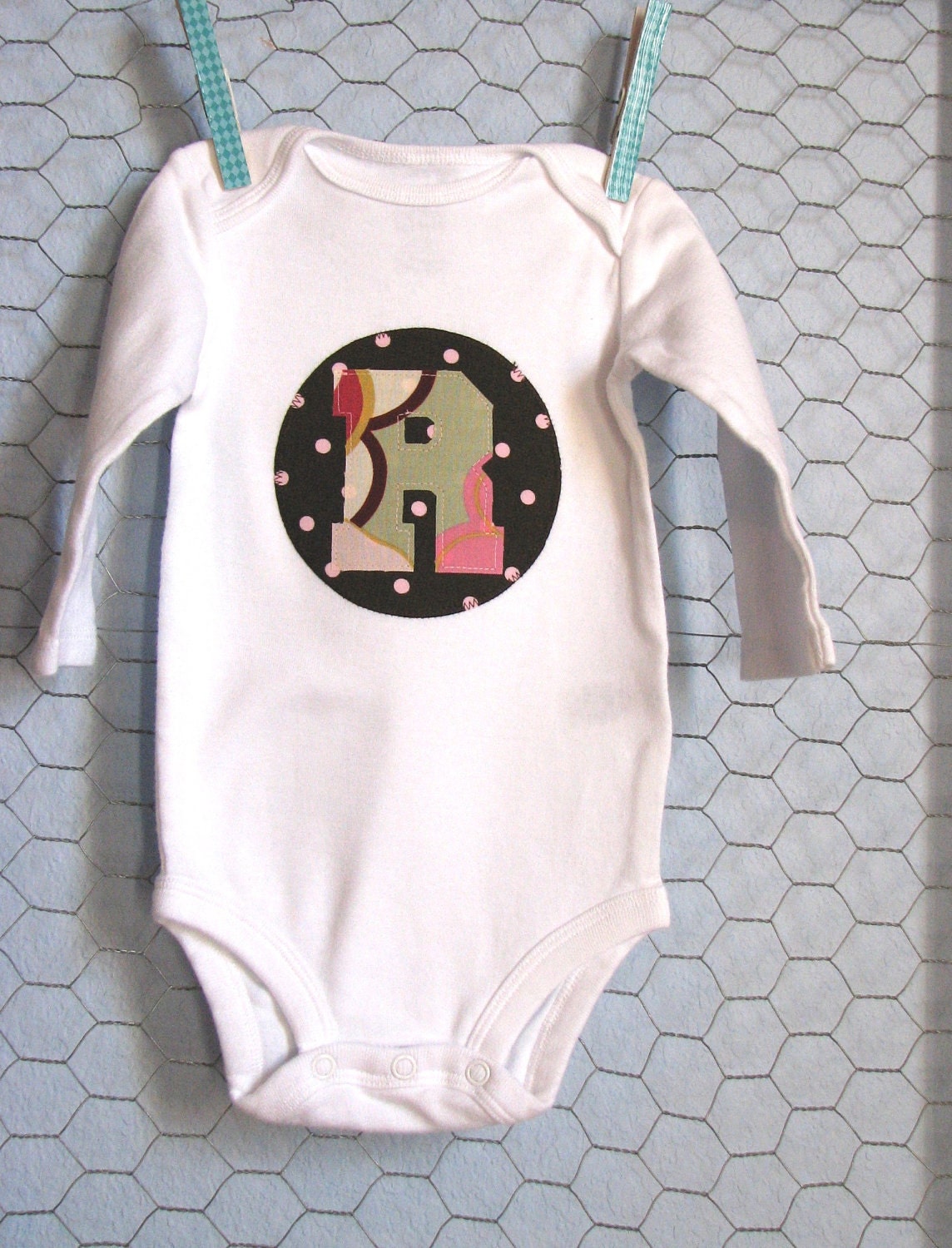 Custom Baby Bodysuit, Applique Initial, in Brown Dots and Pink Floral, Personalized Baby Bodysuit, Long-sleeved, Size 0-3, 3-6, 6-12mo.