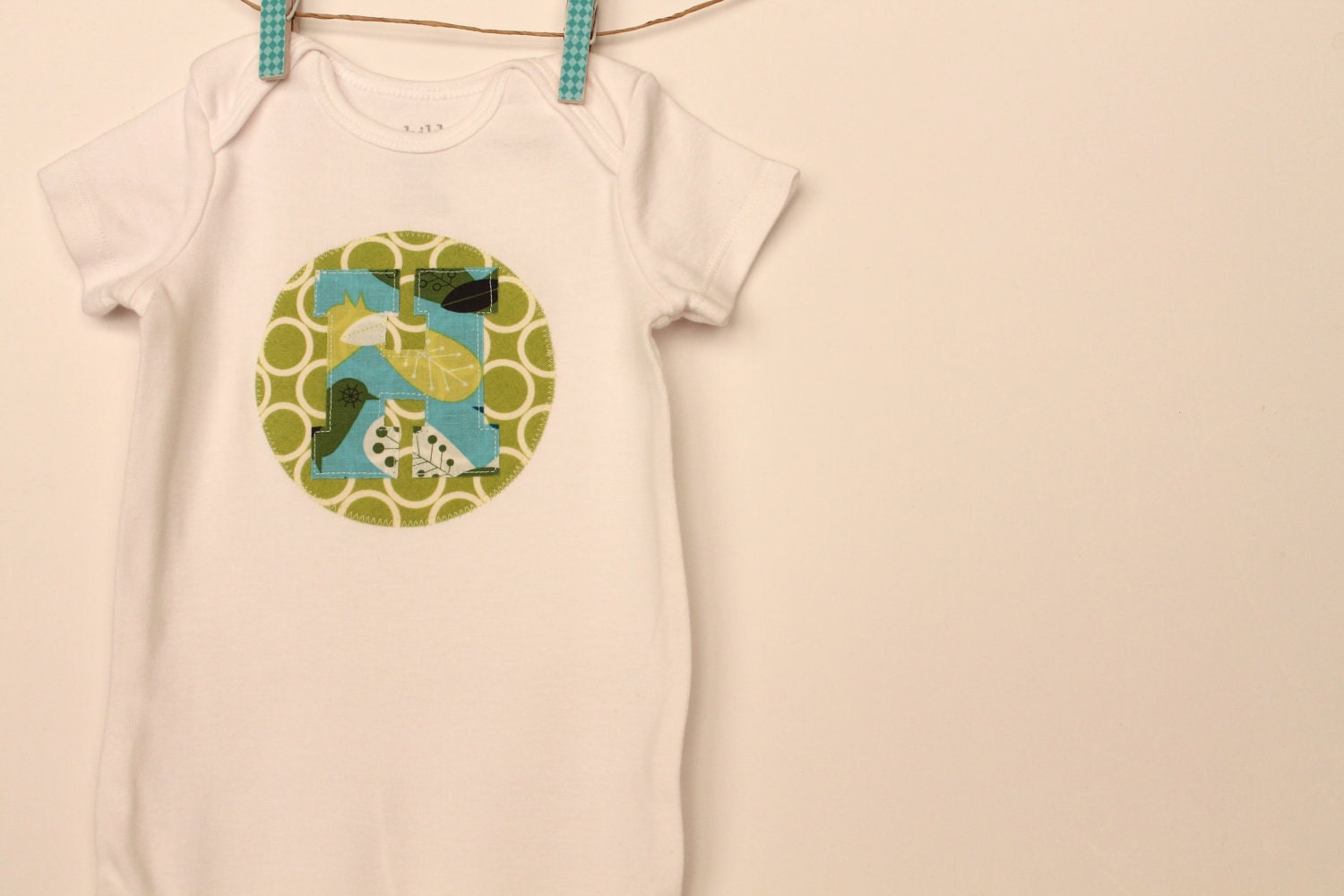 Custom Baby Bodysuit, Applique Initial, Chartreuse Circles and Aqua Blue Birds, Personalized Bodysuit, Short-sleeved, Size 0-3, 3-6 or 6-12m