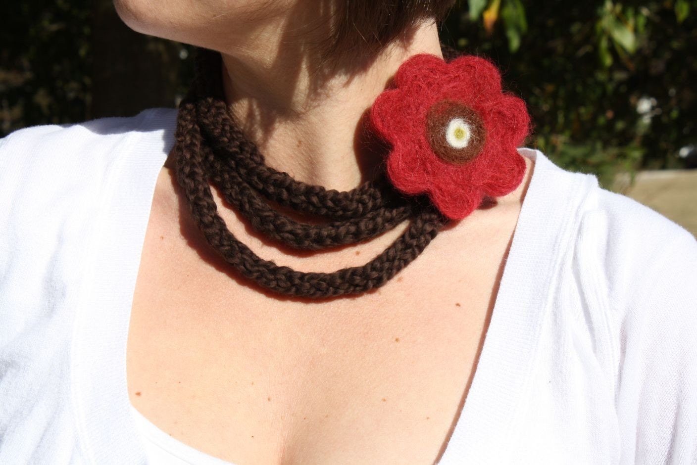Knitted Scarf Necklace With Red Cranberry Felted Wool Flower