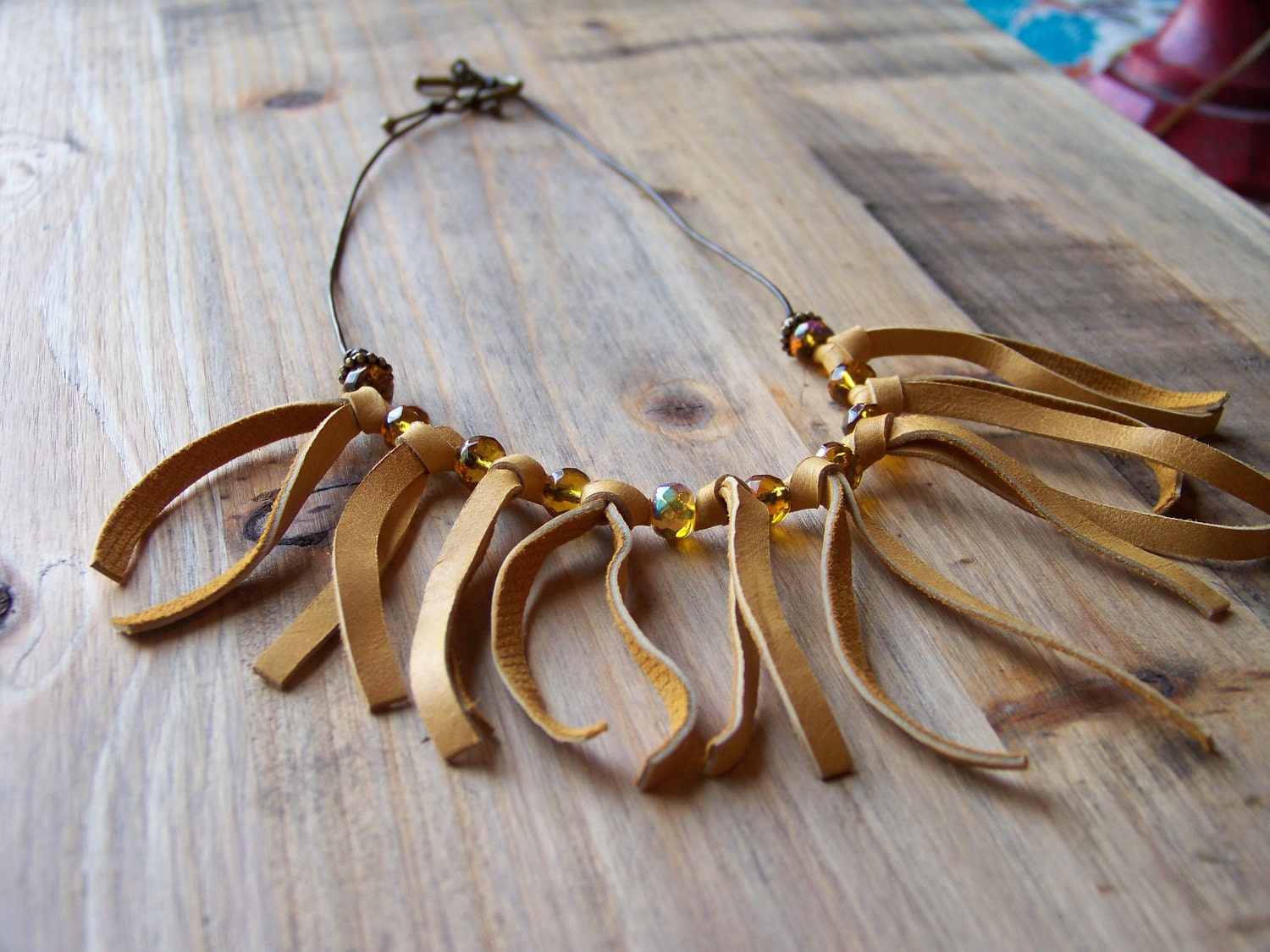 Yellow Leather Fringe With Yellow Bead Necklace