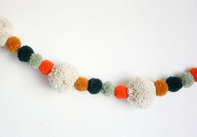 RESERVED for Stephanie Crandall Gold, Green, Coral & Creme Yarn Pom Pom Garland