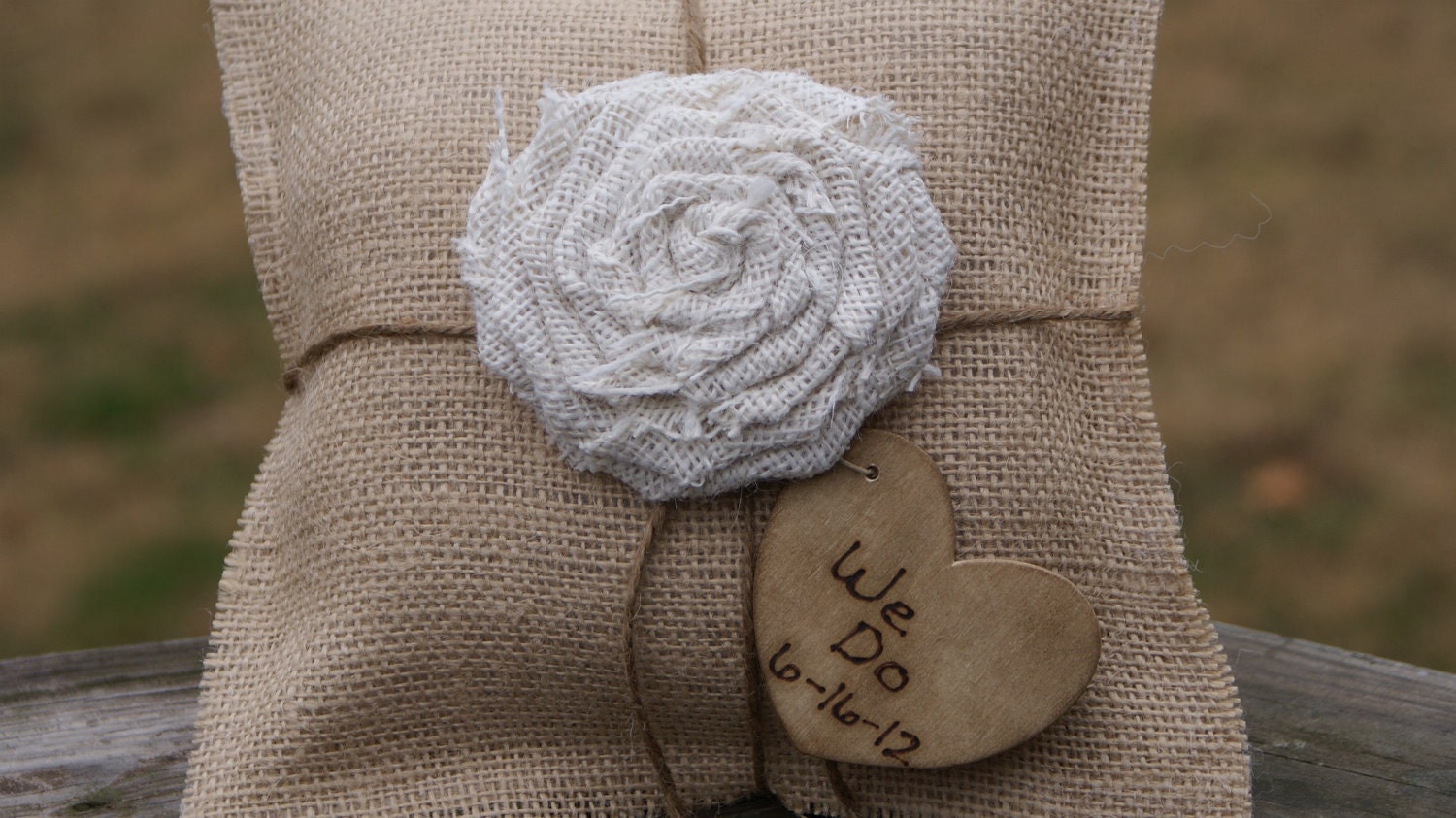Burlap Ring Bearer's Pillow with CUSTOM wooden heart tag