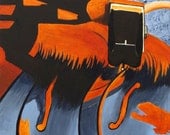 Original Modern Abstract Collage Painting in burnt orange blue gray with turntable on 18x24 canvas