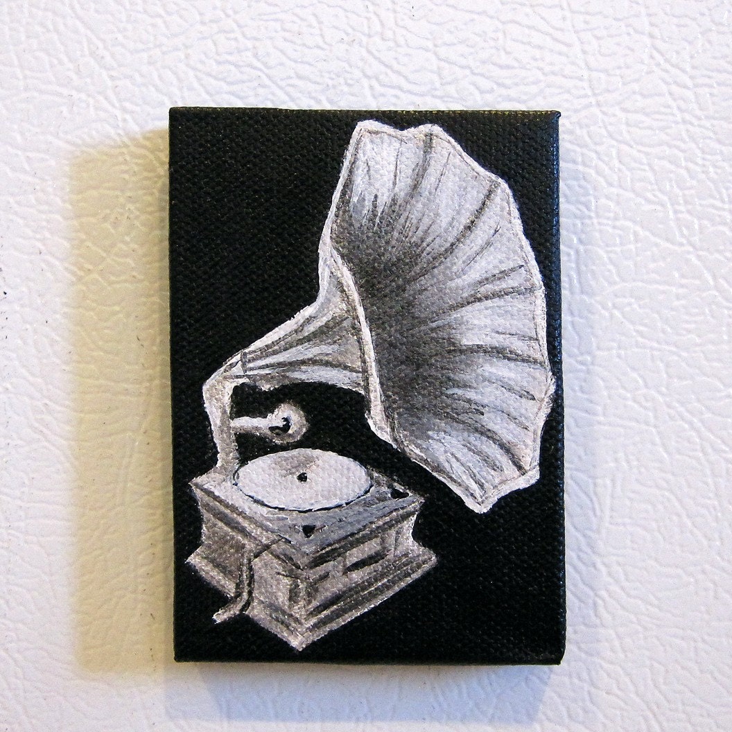 Phonograph Original mini painting black and white refrigerator art magnet
