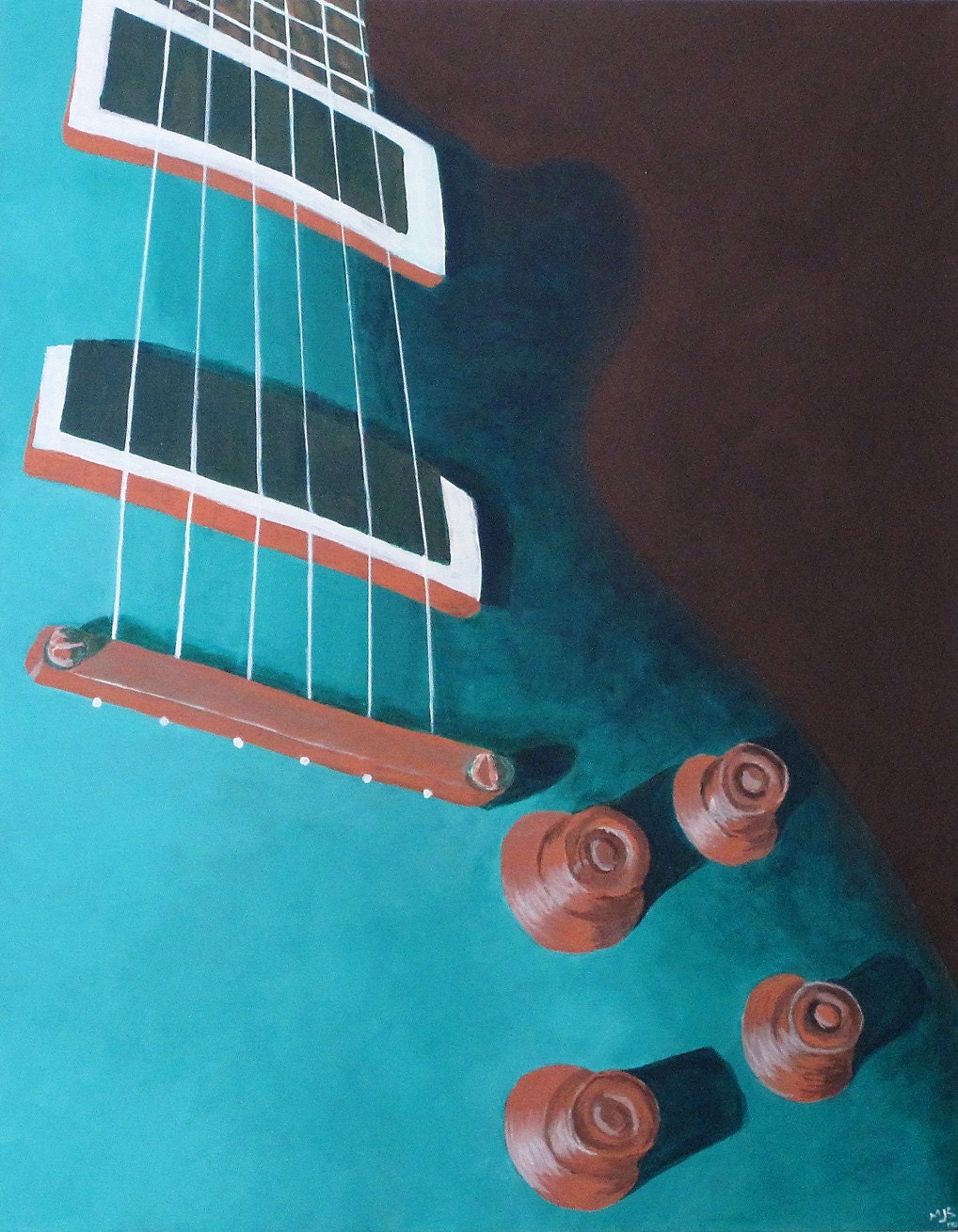 Green guitar painting original modern artwork in acrylic in green copper black white on 22x28 inch canvas