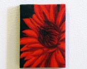 Red Dahlia Flower Original Mini Painting Refrigerator Art Magnet in red and black