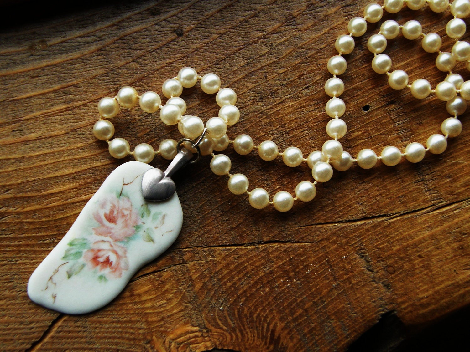 Upcycled Vintage Faux Pearl Necklace with China Shard Medallion