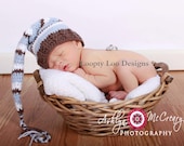 Baby Boy Crochet Stocking Hat - Newborn Photo Prop, Elf Hat ,Photo Prop, Blue, Brown, Stripes -Sizes NEWBORN TO 12 MONTHS -more colors
