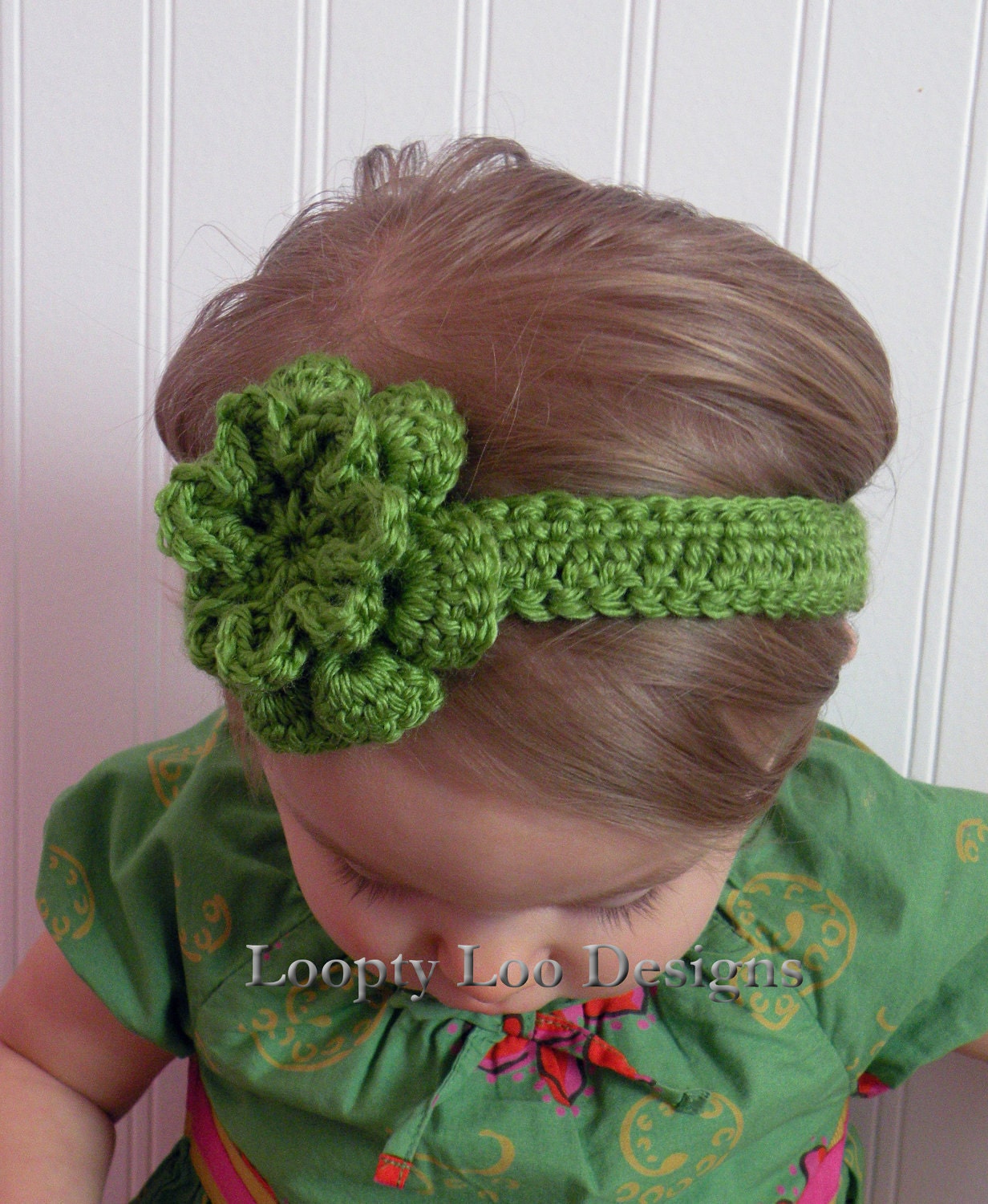 3  Quinn Crocheted Flower Headbands   (more colors/sizes available--guacamole shown)