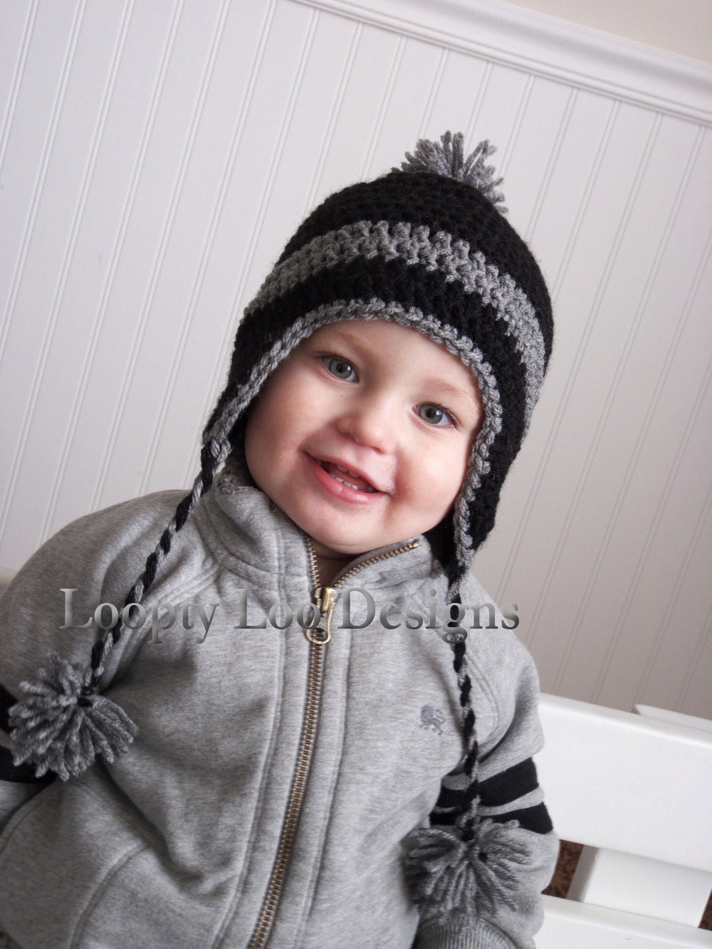 Earflap Hat with Pom Poms, Kids, Boy hat, Girl hat, Black, Gray, pom pom, tassels -Sizes 12 MONTHS AND UP -more colors
