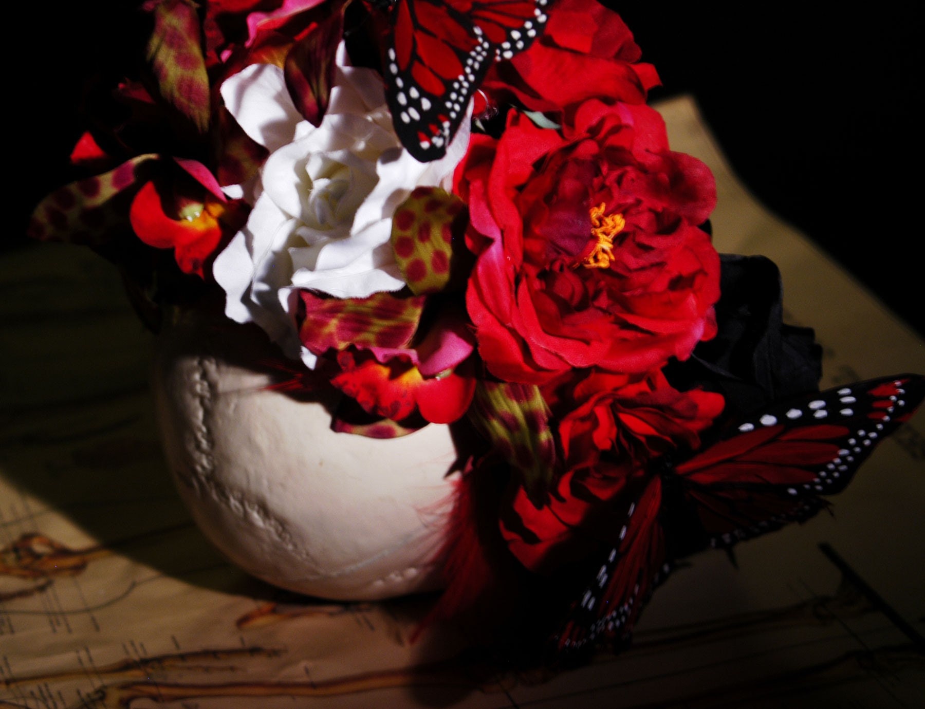 Dia De Los Muertos Headband - red and white silk roses, leopard orchids and red and black feathers