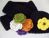Woman/Teen Girl Crocheted Hat and Scarf in Black with Multicolored Detachable Flowers - End of Season Clearance Sale