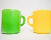 Pair of Vintage Lemon Lime Retro Milk Glass Mugs