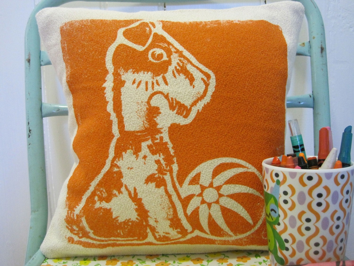 Decorative Pillow, Orange, Dog, Silk screened on cotton bark cloth, 10 inch