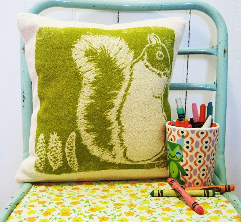 Decorative Pillow, Green, Squirrel, 10 inch, Hand Silk Screened on Cotton Bark Cloth
