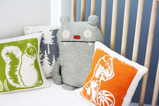 Decorative Pillow, Green, Squirrel, 10 inch, Hand Silk Screened on Cotton Bark Cloth
