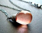 smooth pink peach blush glass teardrop on oxidized sterling silver - not too girly necklace