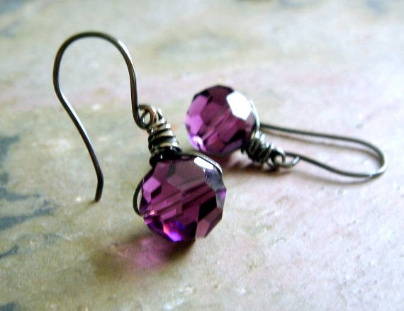 petite faceted purple glass on oxidized sterling silver - little bud earrings