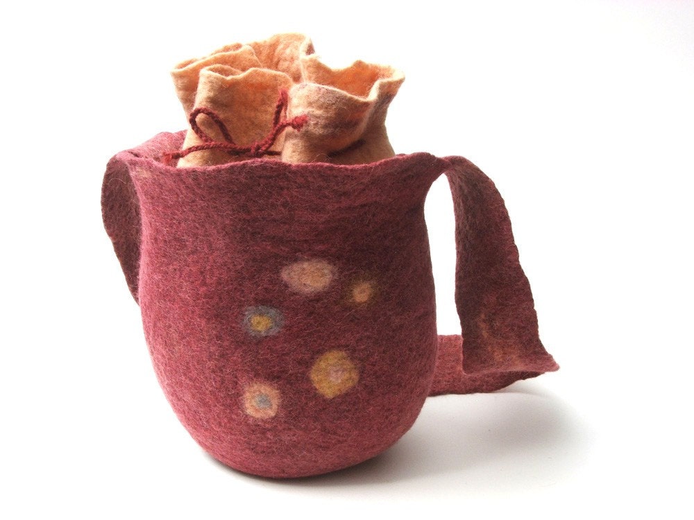 Wet Felted Handbag - Burgundy/Raspberry Red with Cream