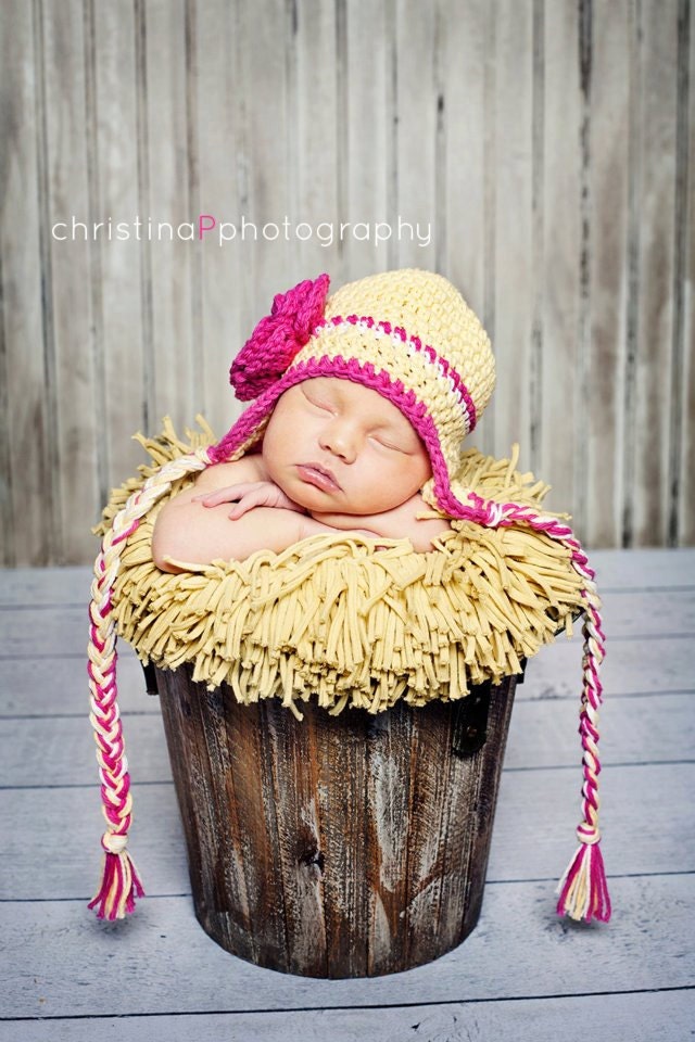 Newborn baby girl hat yellow earflap beanie with hot pink stripe and flower