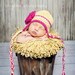 Newborn baby girl hat yellow earflap beanie with hot pink stripe and flower