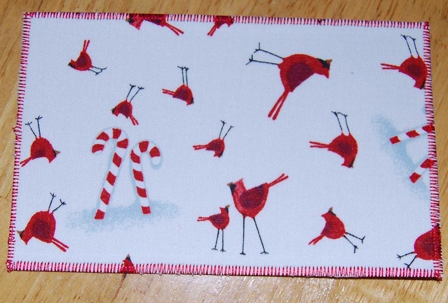 Handmade Fabric Postcard, Cardinals and Candy Canes, Christmas card,