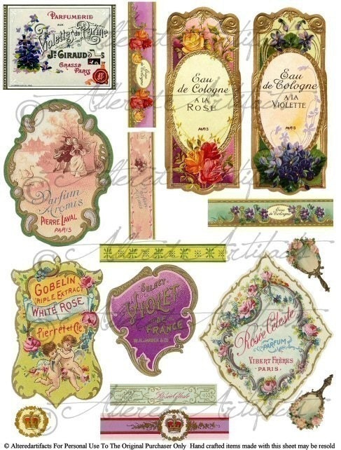 Instant Download Vintage French Perfume Bottle Fragrance Label Lable Digital Collage Sheet Download Violets Roses