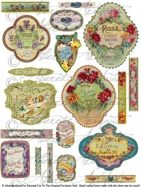 Instant Download Vintage French Perfume Bottle Fragrance Label Lable Digital Collage Sheet