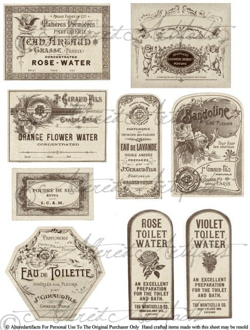 Instant Download Vintage French Perfume Peddler Bottle Fragrance Label Lable Digital Collage Sheet