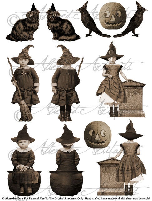 Instant Download Vintage Front Back Puppet Witchy Witch Black Cat Crow Raven Halloween Scraps Clipart Steampunk Digital Collage Sheet Party