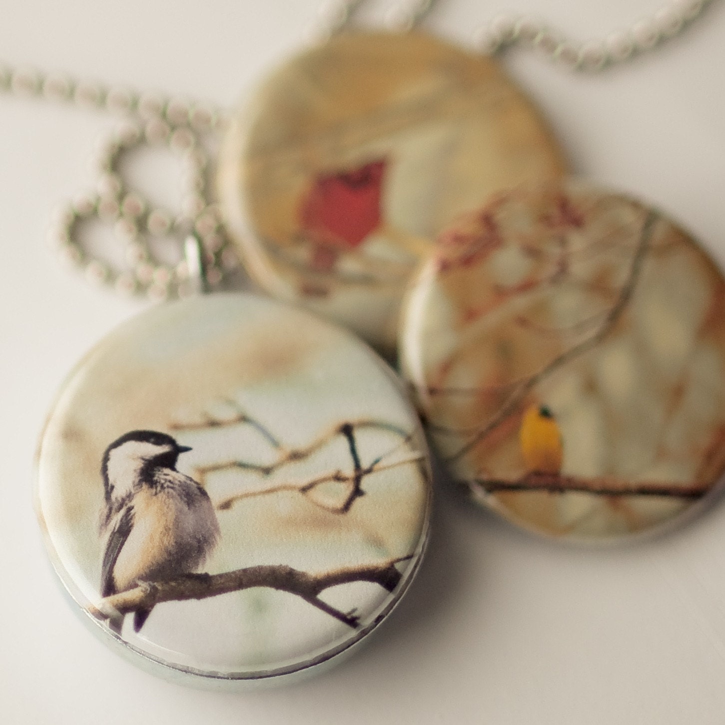 Eco Friendly Geometric jewelry, necklace, birds, upcycled metal locket, 3 in 1 repurposed magnetic set