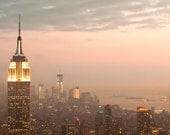 New York City Photography -  Empire State Building - Manhattan skyline - gold pink fog - wall decor - city at dusk - Raceytay