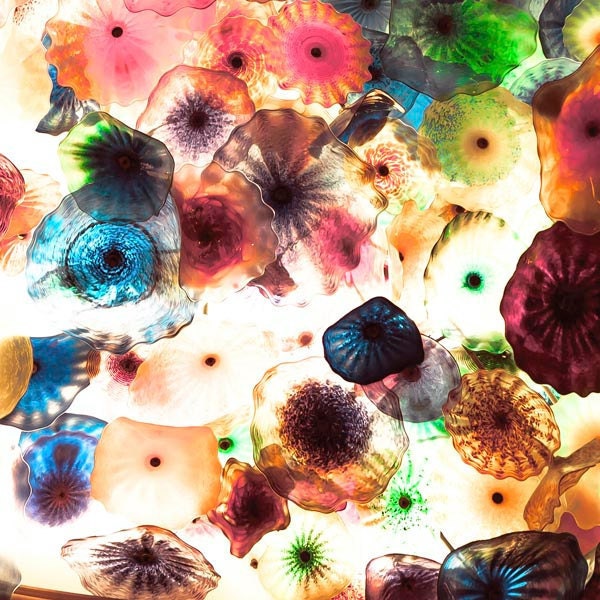 Bellagio hotel ceiling - abstract floral photography,  rainbow glass fans, floral decor, blue, peach, pink, yellow