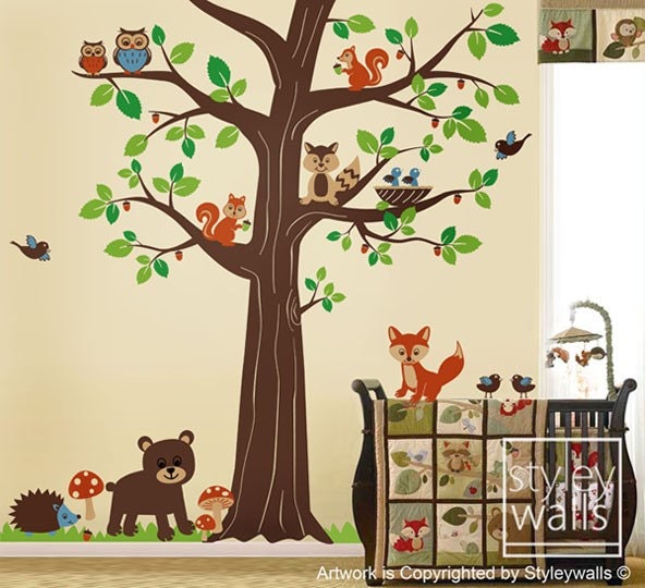 Woodland Animals Wall decal Forest Animal Friends Huge Tree Decal Owls Birds Nursery Vinyl Wall Decal Sticker Children Baby Room Wall Decal