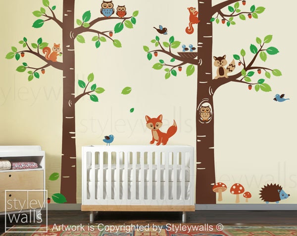 Forest Animals Wall decal Children Wall Art Decal Tree Tops Woodland Critters Nursery Baby Playroom Kids Vinyl Wall Decal Wall Sticker