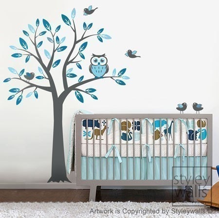 Wall decal Owl Wall decal Tree decal and Birds - Nursery Wall Decal Kids room decal Children wall decal Baby room sticker Art decor