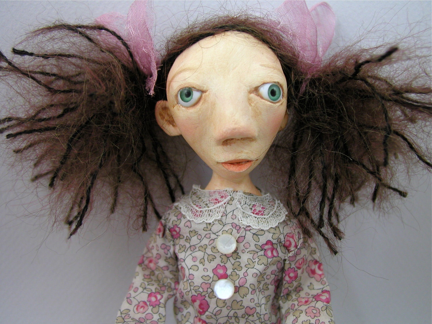 Art Doll cloth and clay mohair tea stained dress bobby socks pony tail mountain girl ooak