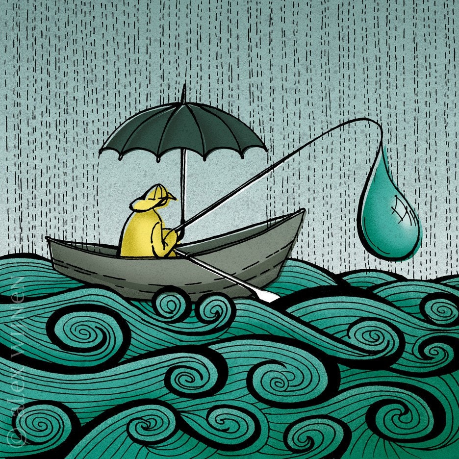 11x14 illustration print: Fishing in Oregon (fisherman with umbrella in boat on the ocean in the rain)