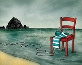 8x10 illustration print: Unraveling... (red chair with striped knitting in ocean with Haystack Rock)