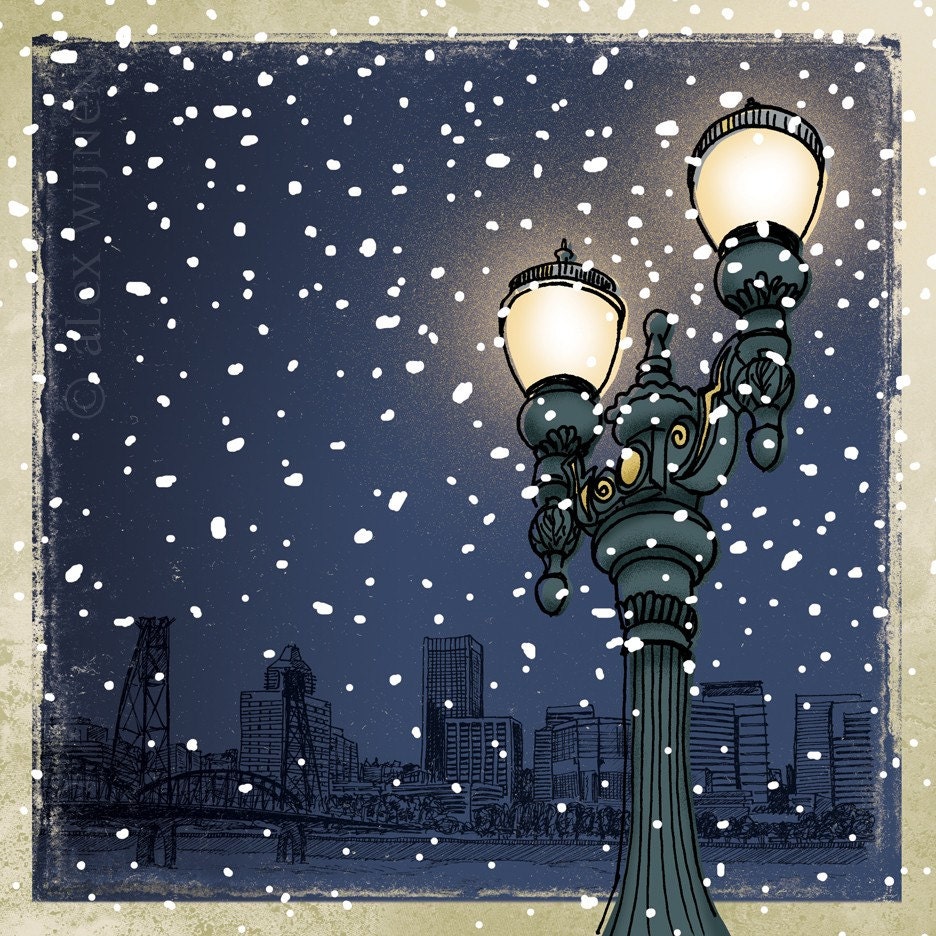 11x14 illustration print Winter Night in Portland