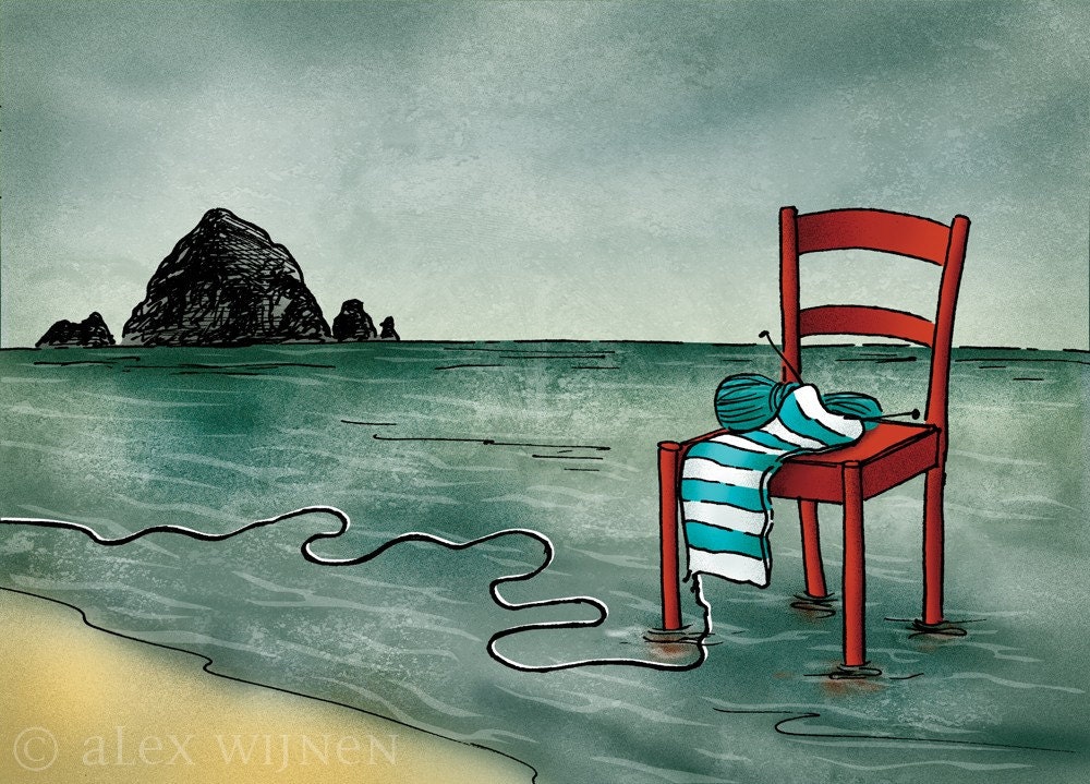 8x10 illustration print: Unraveling... (red chair with striped knitting in ocean with Haystack Rock)