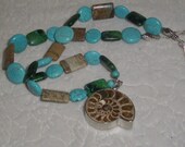 Large handmade necklace with Turquoise stone SS Ammonite  Shell Fossil Pendent