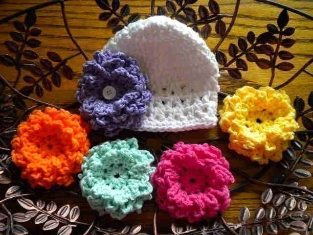 GARDEN PARTY Baby Beanie - Headband And 5 Interchangable Big Loopy Flowers -pink-orange-purple-yellow and soft teal