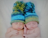Newborn - 3 Months - Twin  POM POM Hats in Blue Grass...Great Photo Prop
