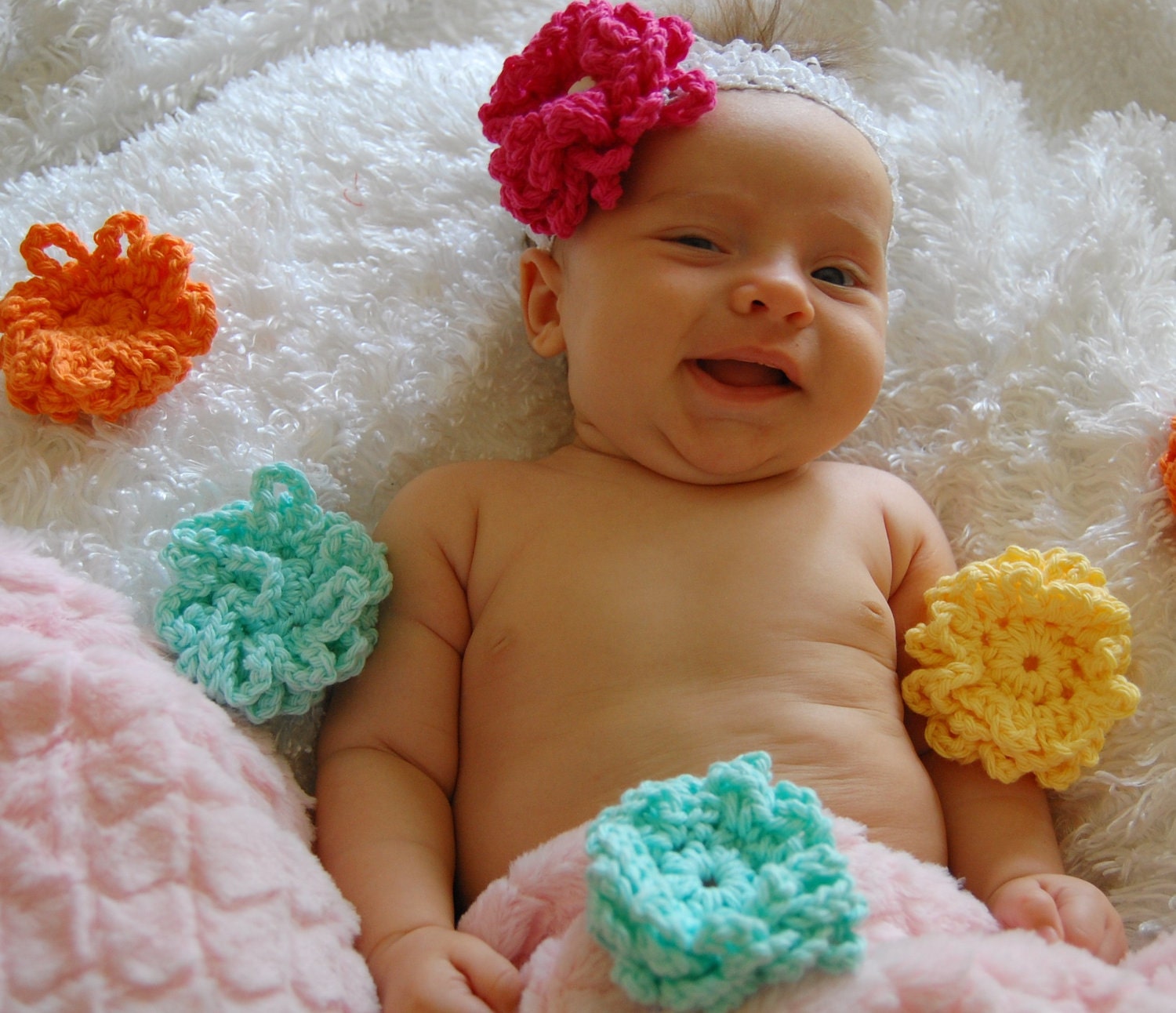 GARDEN PARTY HEADBAND  And 7 Interchangable Flowers- white,aqua, yellow, pink, purple, red and lime.  Baby Girl to Teen Headband