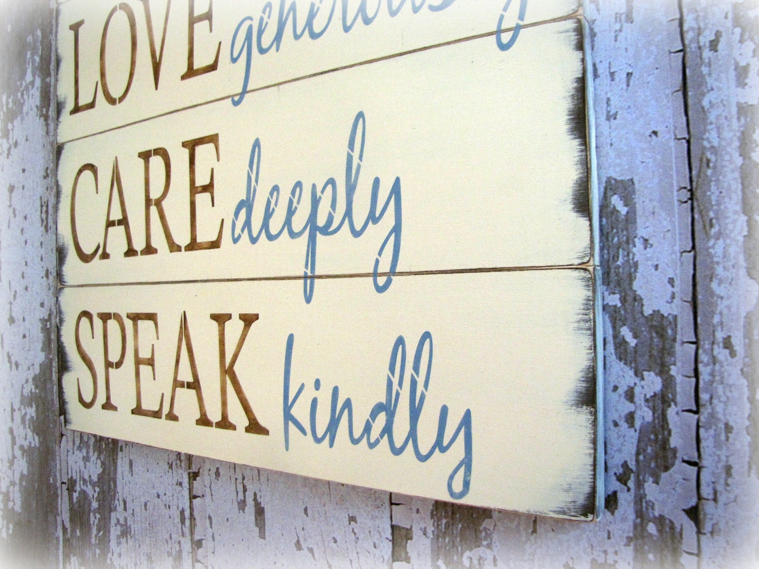 Live, Love, Care & Speak- Antiqued Plank Typography Sign-Antique White, Brown and Blue