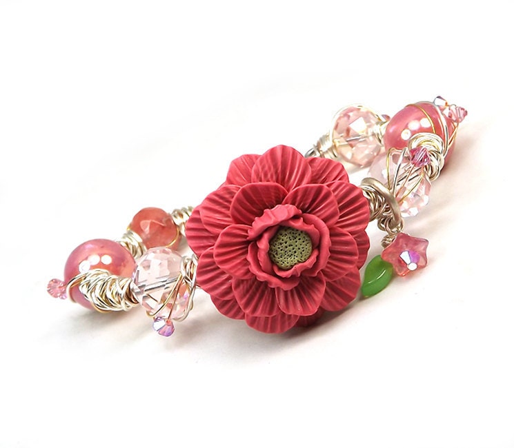 Woven Wire Beaded Bracelet - titled "Delicate Rose" with handmade flower focal in coral
