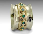 Wedding band - wide sterling silver band with yellow gold spinner inlaid opals - New beginnings 2.